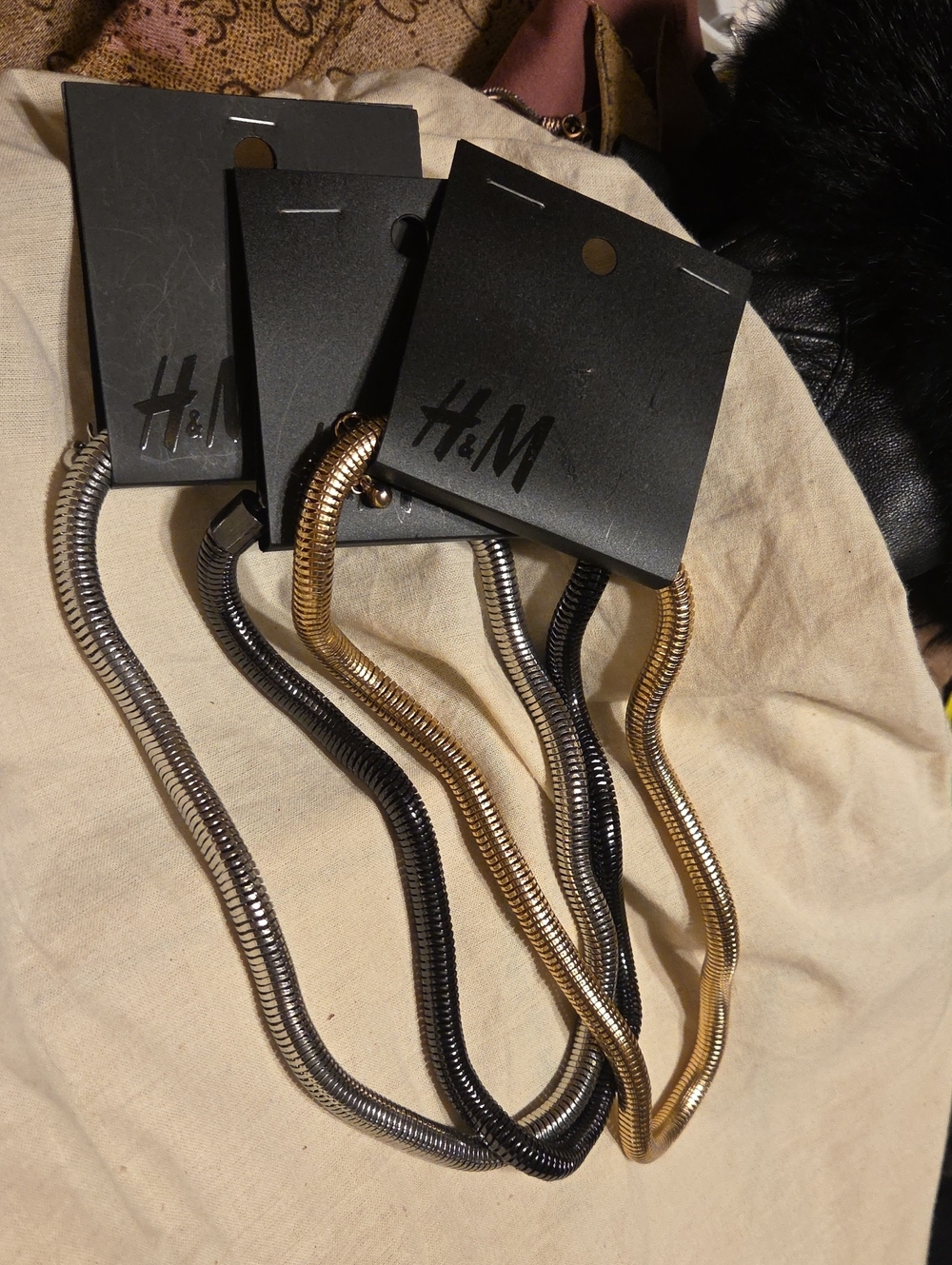 H&M Snake Unisex Chain Necklace Trio in Gold, Black & Silver